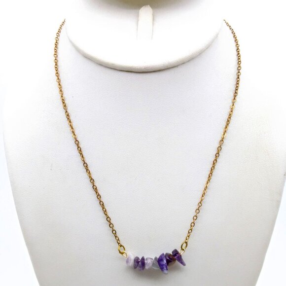Delicate Vintage Minimalist Chain Necklace, Gold Tone with Amethyst Gemstone Chi - Picture 3 of 4